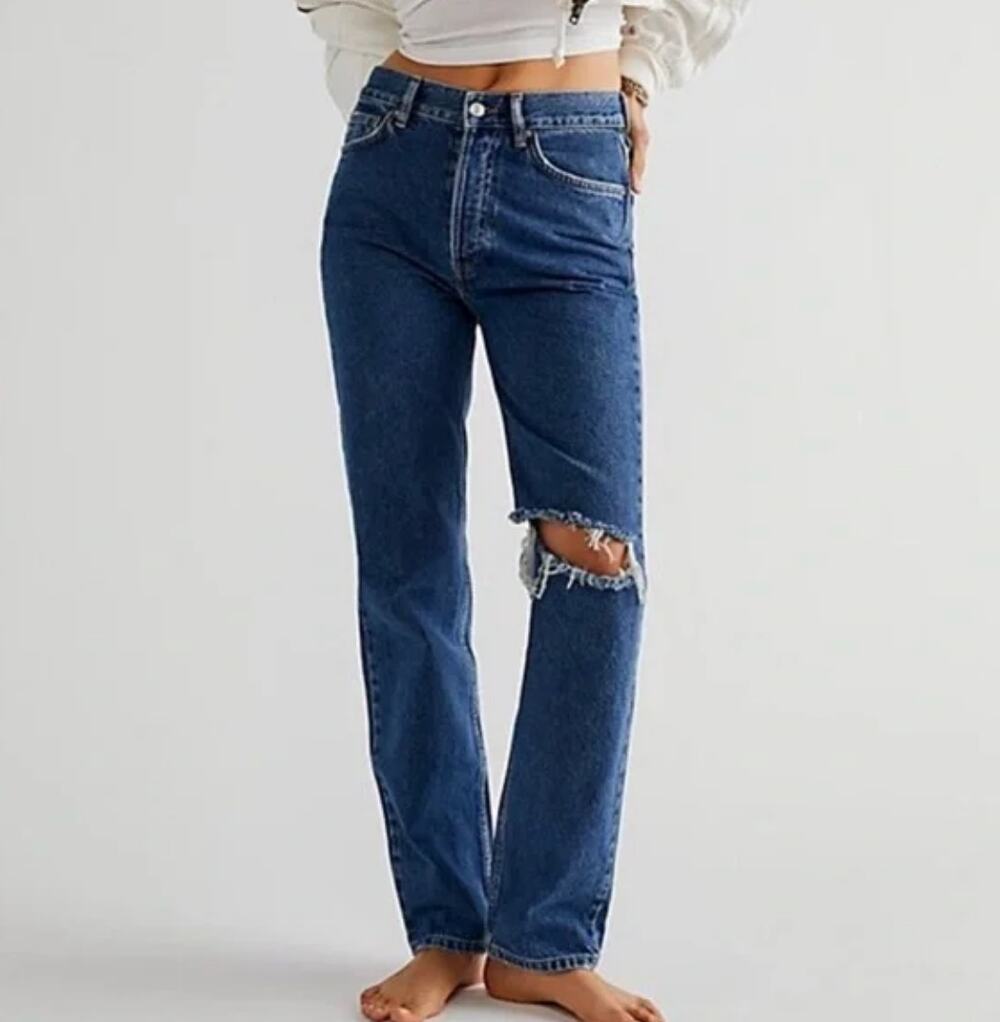 Free People The Lasso Straight Leg Jeans Size 29 Blue Sapphire Ripped Knee